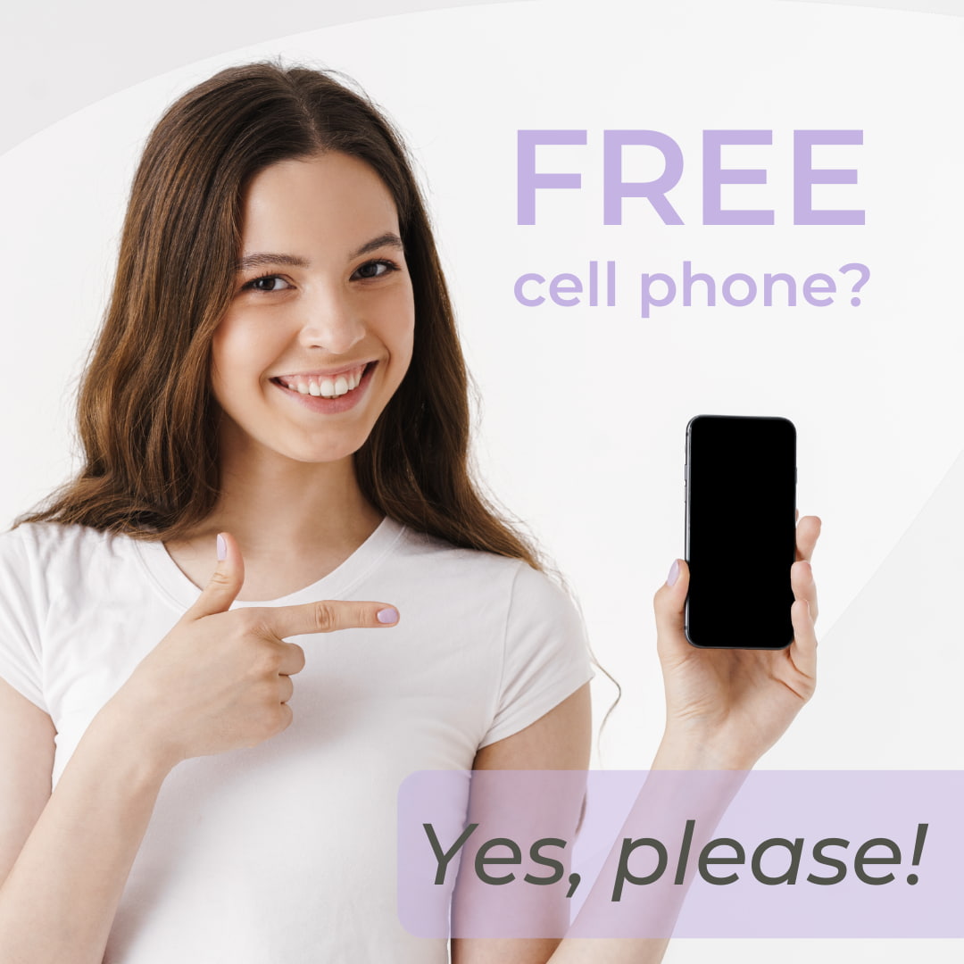 "Free cell phone? Yes, please!" Young woman holding cell phone in hand. Work perks.